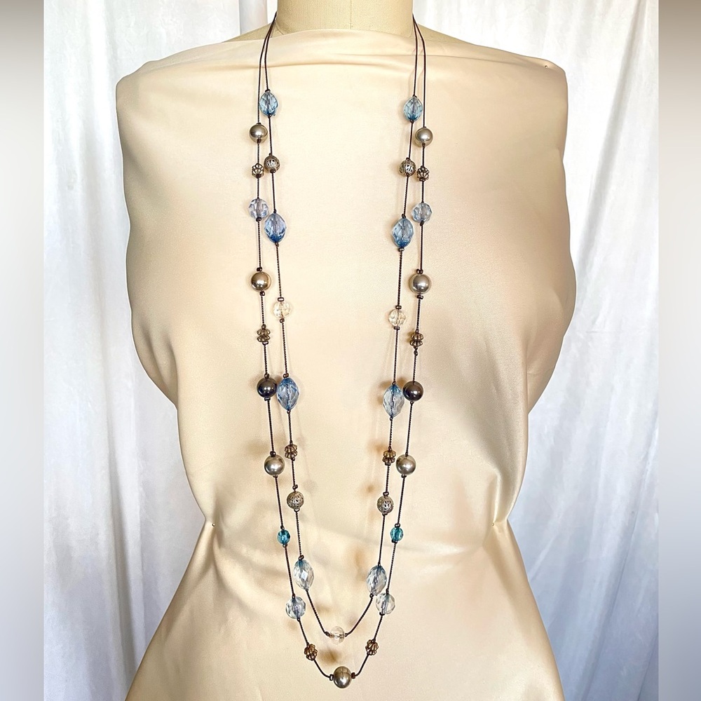 Vintage Extra long multilayered beaded chain necklace faceted crystals blue - Picture 5 of 9